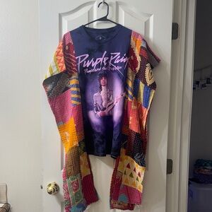 Purple Rain Prince Graphic Tee with Colorful Patchwork Kimono Kantha sleeves